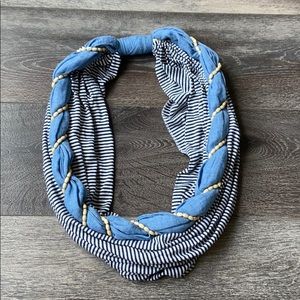 Blue and White Striped and Beaded Infinity Scarf